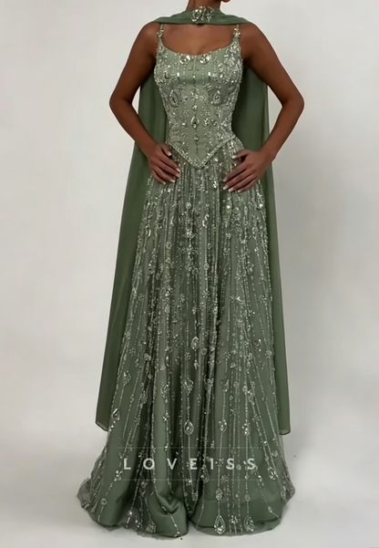 Beaded Corset Evening Gown with Cape