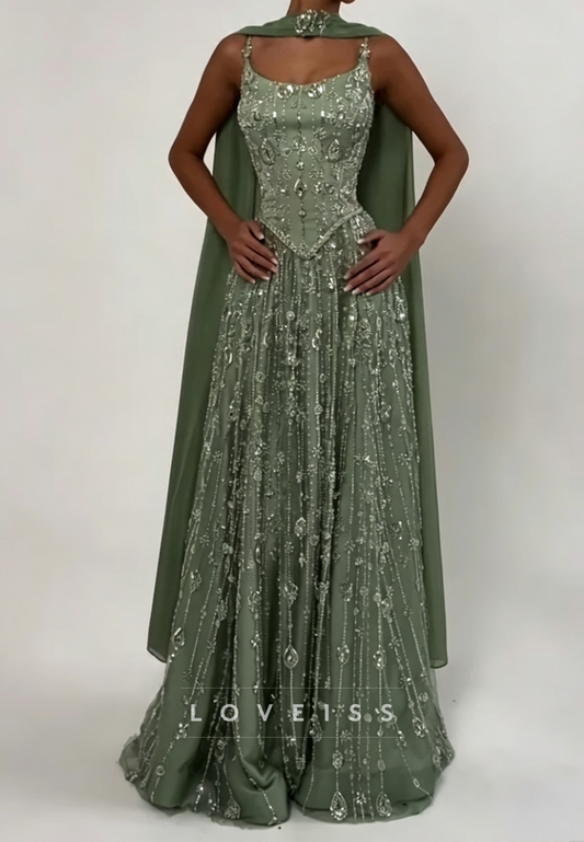 Beaded Corset Evening Gown with Cape