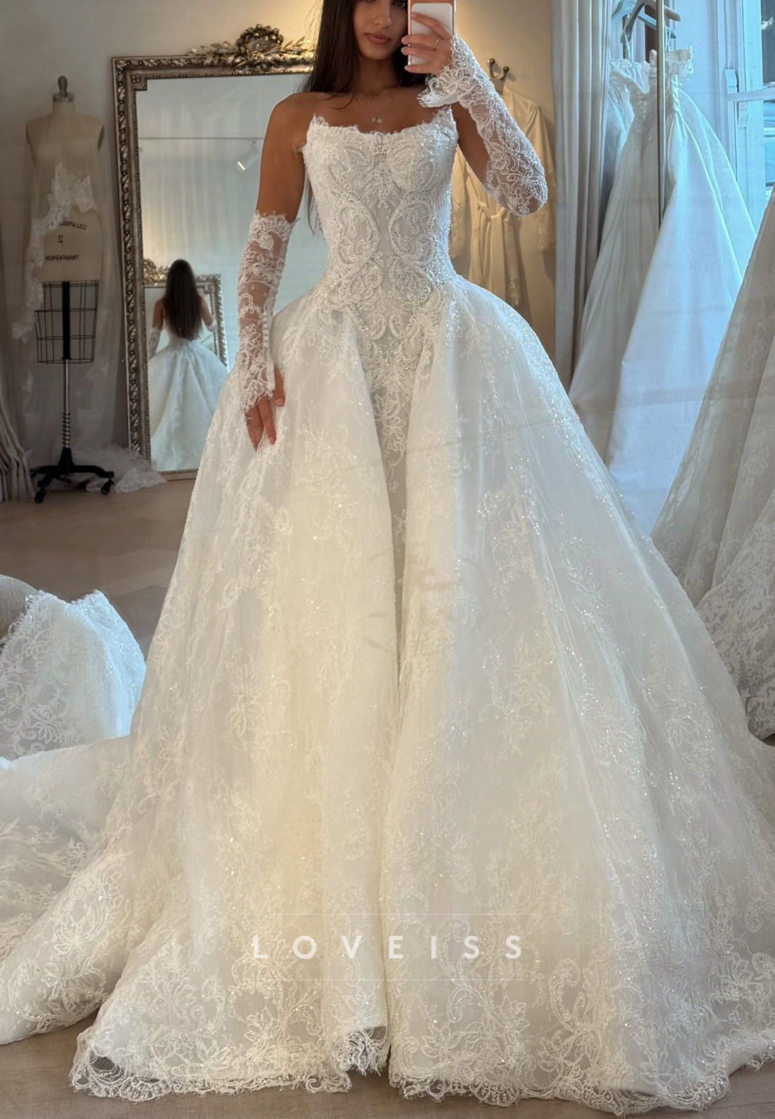 Glitter Lace Corset Wedding Dress with Overskirt