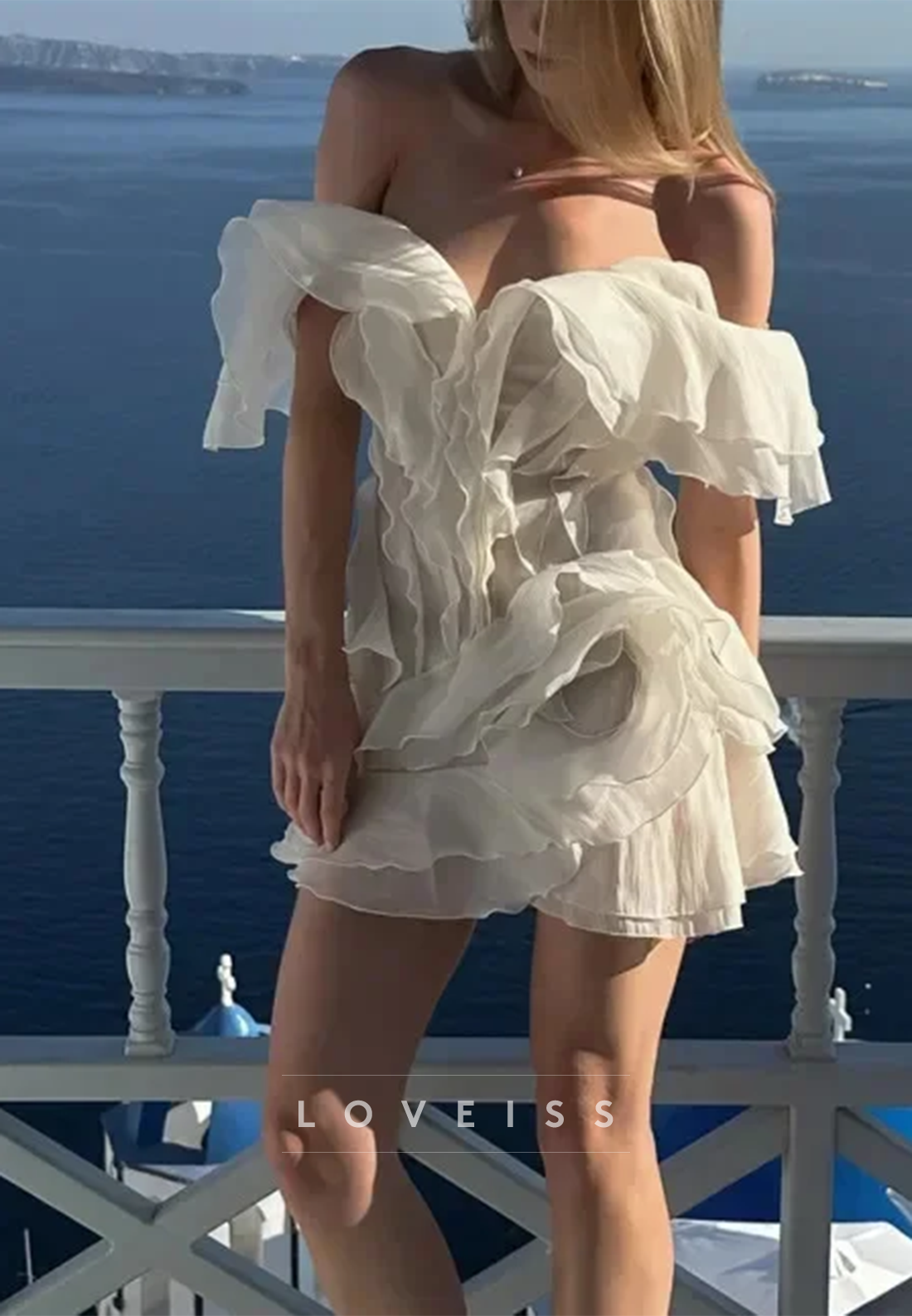 Ruffled V-Neck Mini Dress with 3D Flower Detail