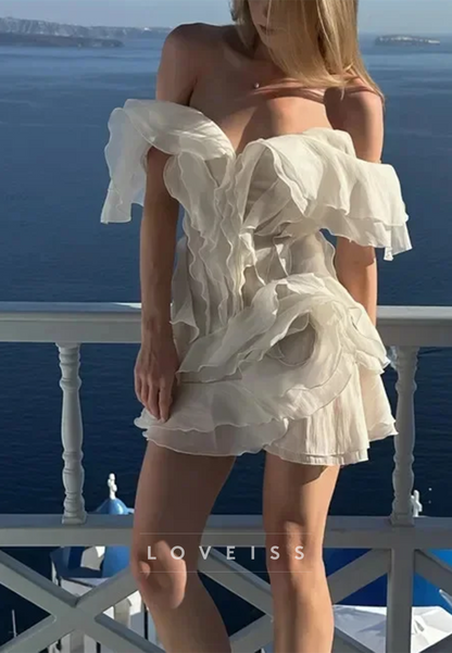 Ruffled V-Neck Mini Dress with 3D Flower Detail