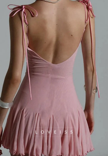 Backless Tie-Strap Pleated Mini Dress with Lace Bust