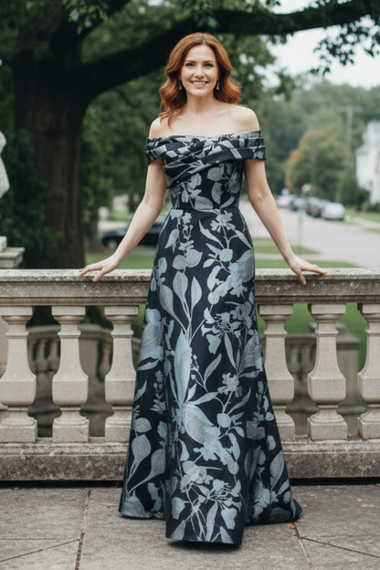 Off-the-Shoulder Floral Jacquard Column Gown
