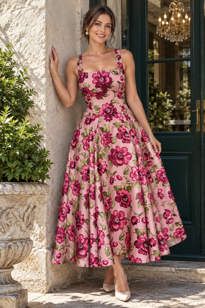 Floral Print Square Neck Midi A-Line Dress