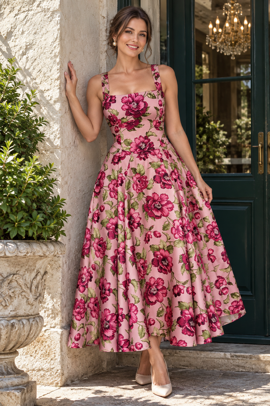 Floral Print Square Neck Midi A-Line Dress