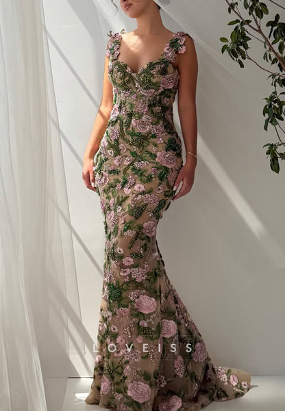 3D Floral Applique Mermaid Gown, Off-Shoulder Straps
