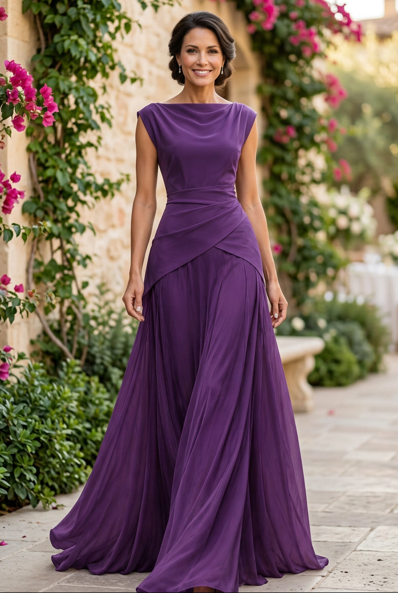 Bateau Neck Pleated Maxi Gown with Draped Waist