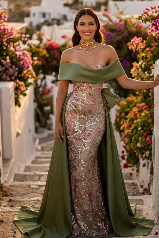 Off-the-Shoulder Sequin Evening Gown with Train