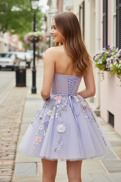 Strapless Corset Tulle Mini Dress with 3D Flowers