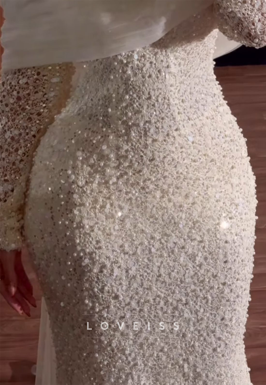 Off Shoulder Pearl Beaded Long Sleeve Mermaid Gown
