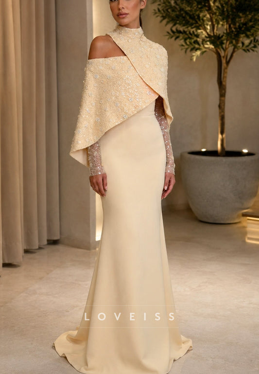 High Neck Cape Sleeve Beaded Illusion Evening Gown