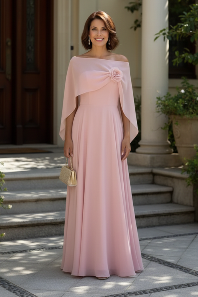 Elegant Chiffon A-Line Gown with Cape