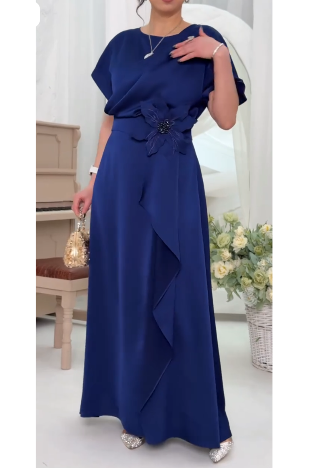 Draped Waist Maxi Dress with Floral Accent