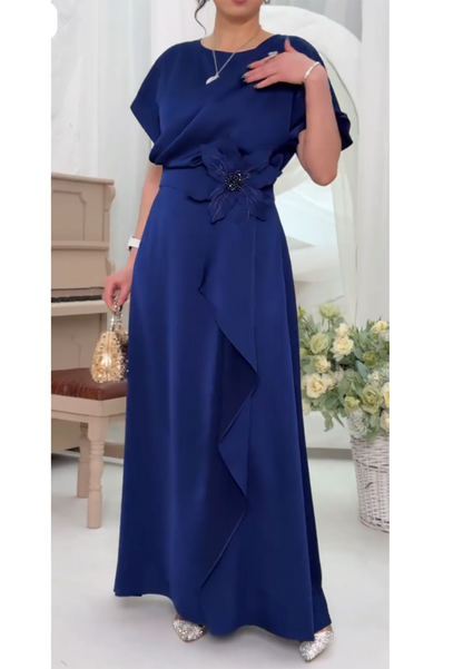 Draped Waist Maxi Dress with Floral Accent