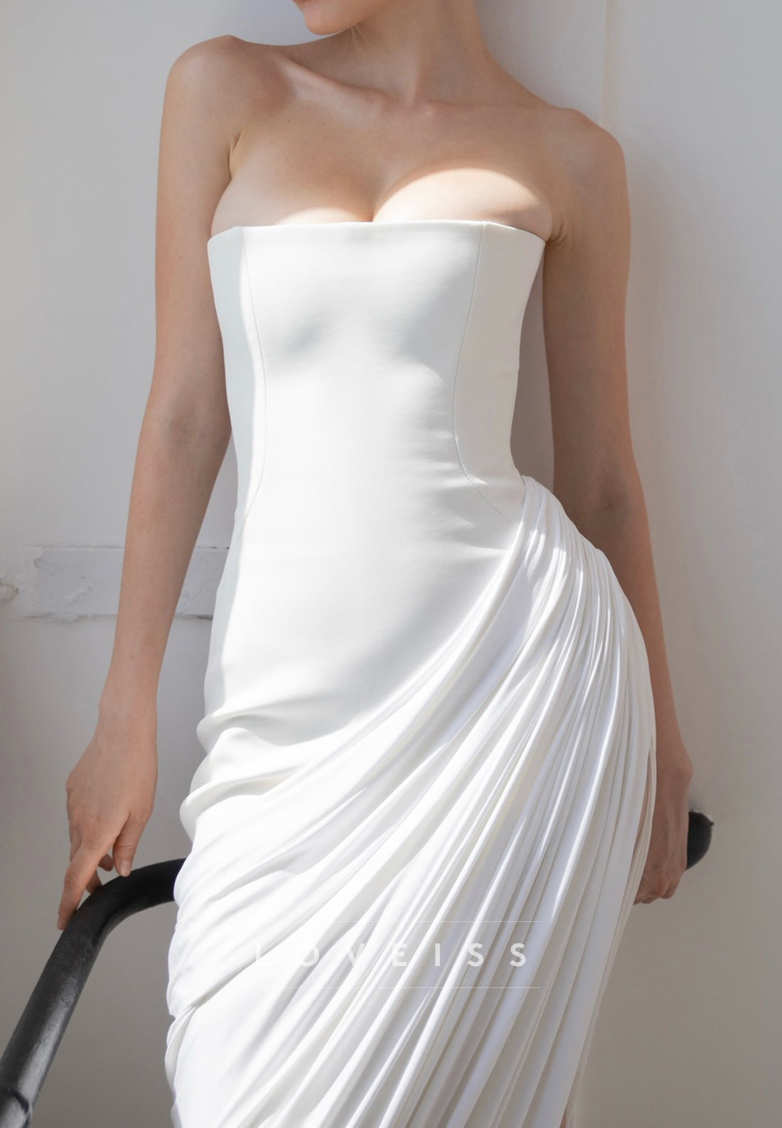Strapless Pleated High-Slit Wedding Dress
