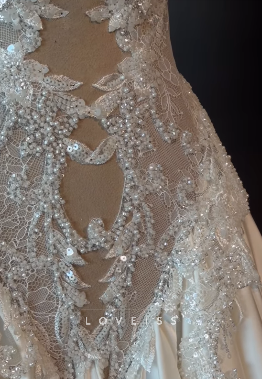Beaded Lace Halter Neck Wedding Dress with Satin Skirt