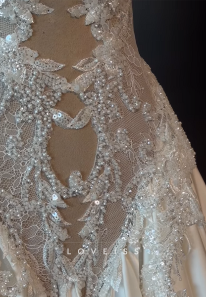 Beaded Lace Halter Neck Wedding Dress with Satin Skirt