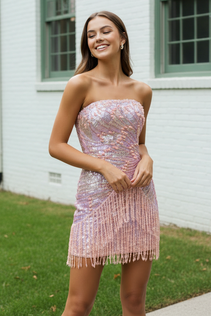 Strapless Sequined Mini Dress with Pearl Fringe