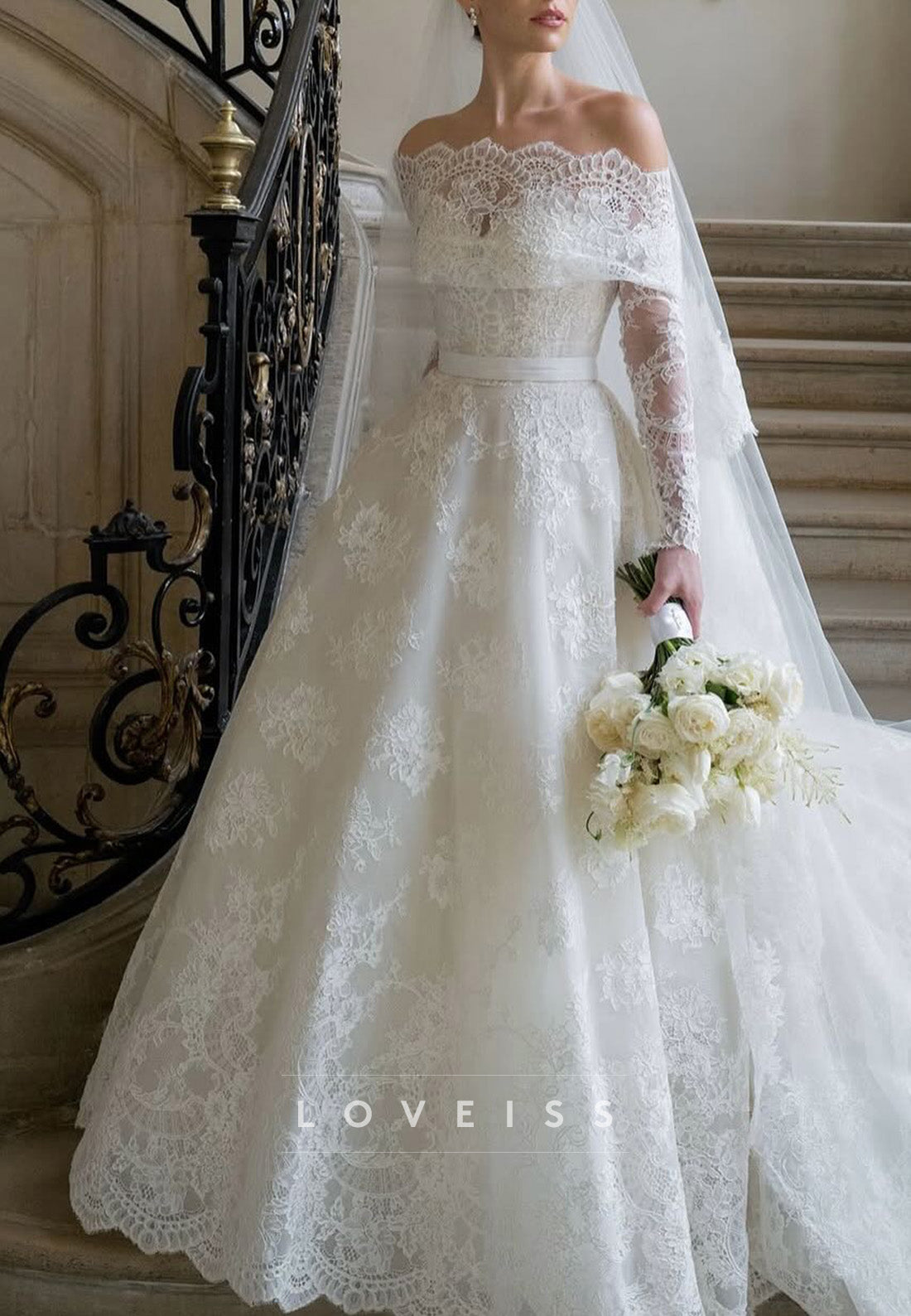 Off-the-Shoulder Lace Ball Gown Wedding Dress