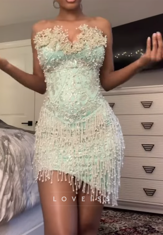 Strapless Beaded Fringe Mini Dress with Pearl Trim