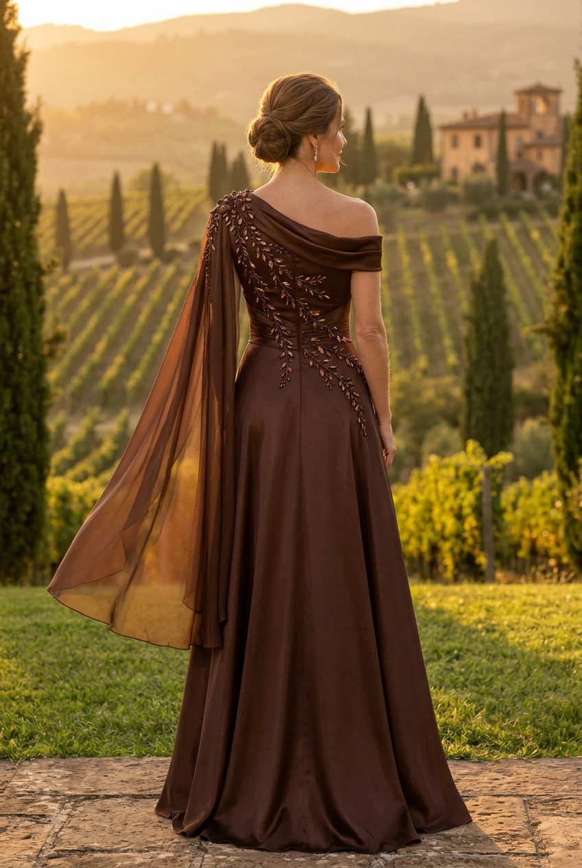 One-Shoulder Beaded A-Line Gown with Cape Detail