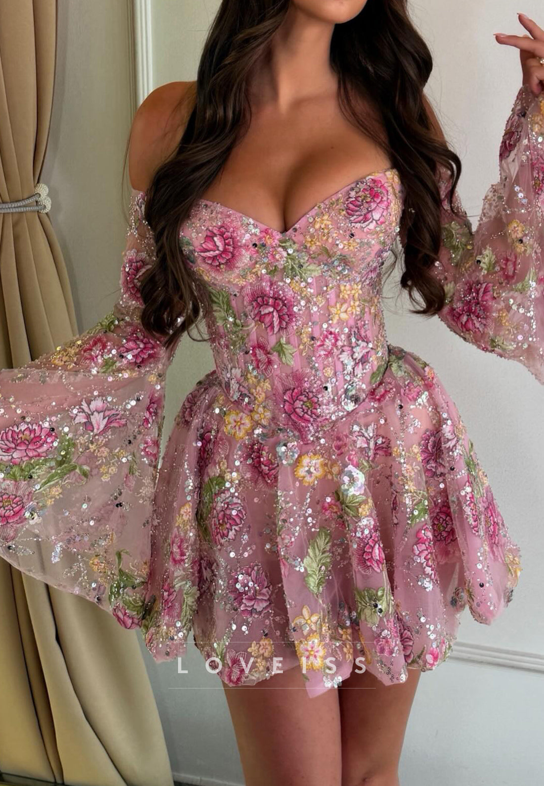 Floral Sequin Corset Mini Dress with Bell Sleeves