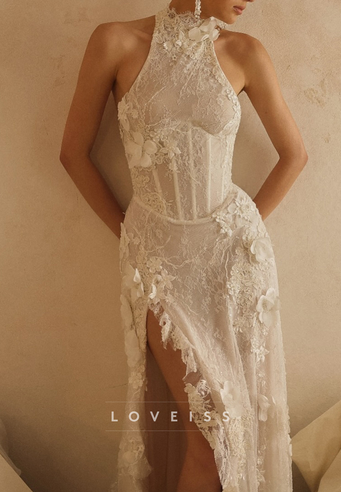 Halter Lace Wedding Dress with Corset Bodice and Slit