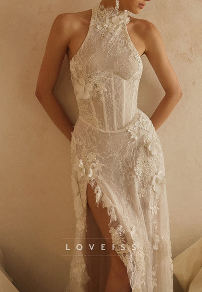 Halter Lace Wedding Dress with Corset Bodice and Slit