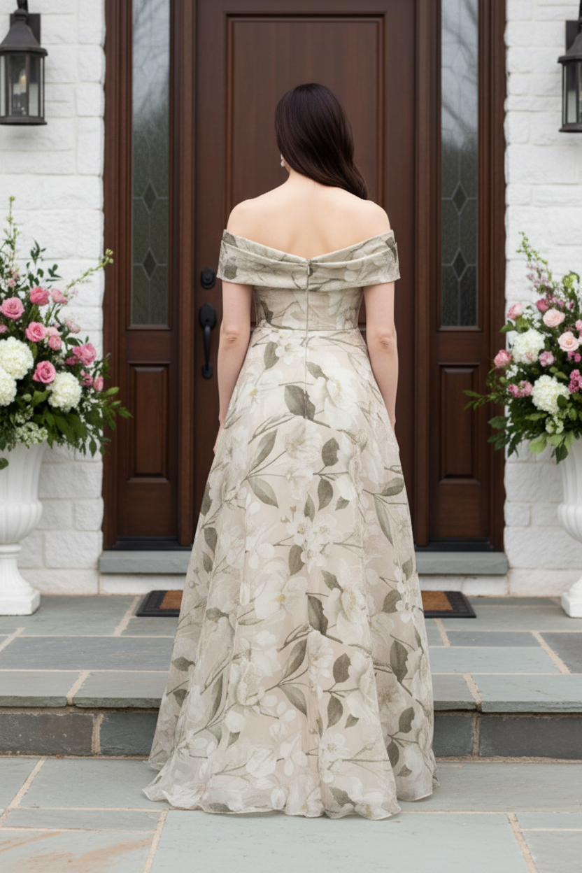 Off-the-Shoulder Floral Jacquard A-Line Evening Gown