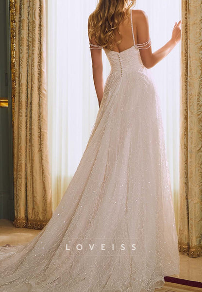 Beaded Pearl A-Line Wedding Dress with Train