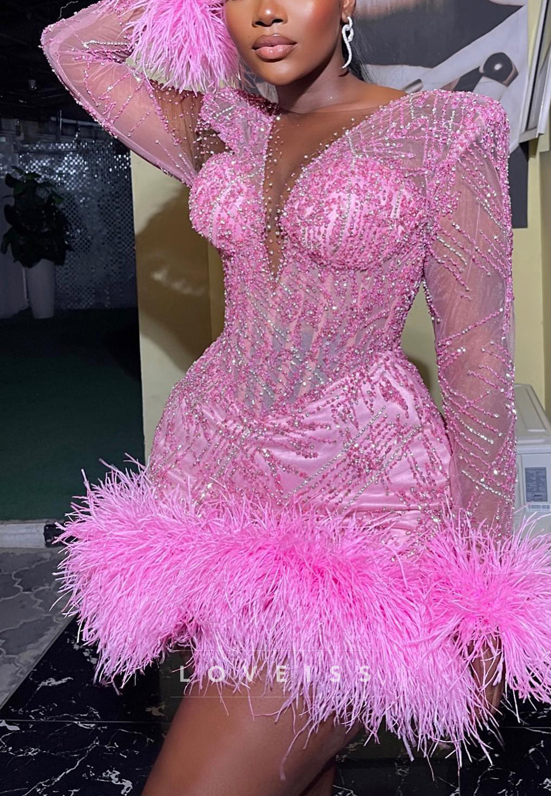 Beaded Corset Mini Dress with Feather Hem & Cuffs