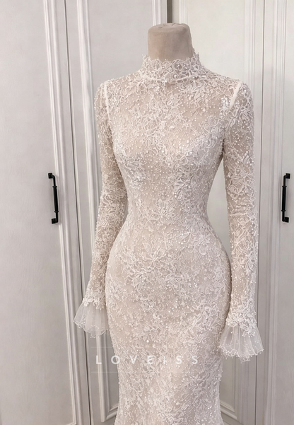 Long Sleeve Lace Mermaid Wedding Dress High Neck