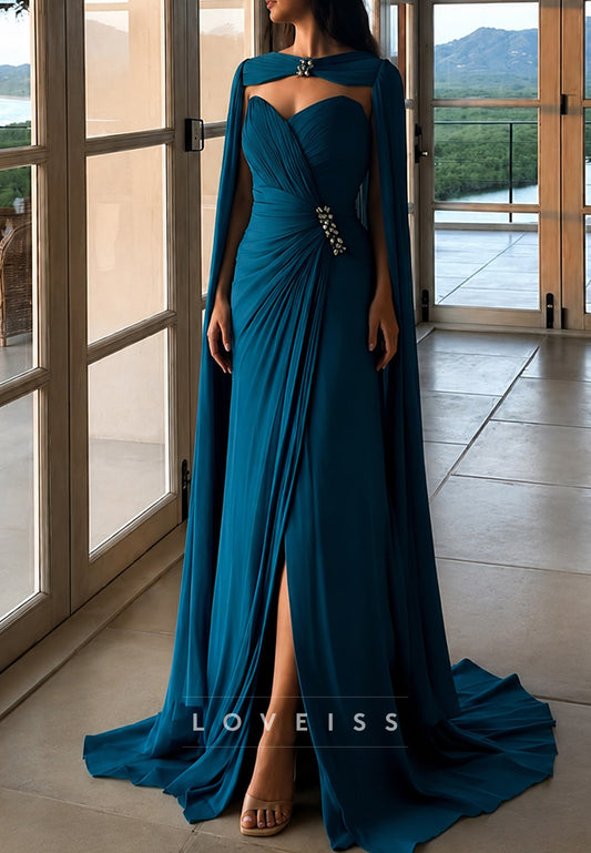 Cape Sleeve Ruched Chiffon Evening Gown with High Slit