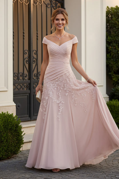 Off-Shoulder Ruched Floral Lace Chiffon Evening Gown