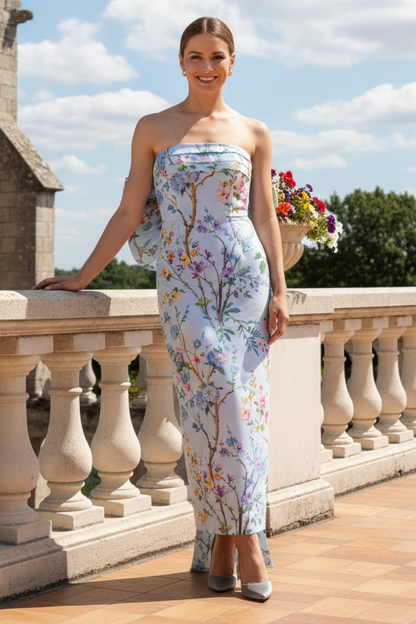 Strapless Floral Column Gown with Statement Back Bow