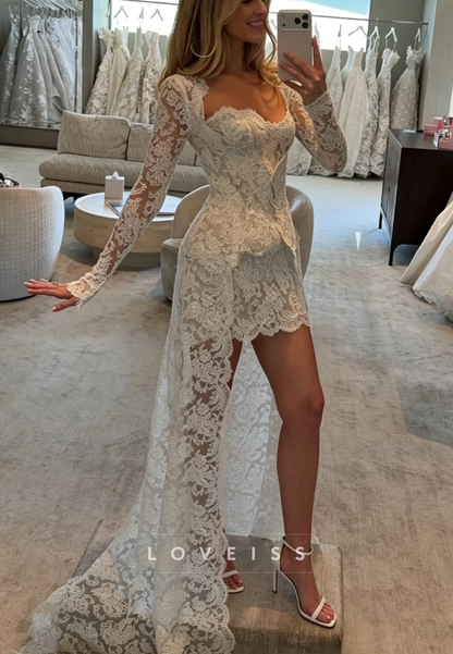 Lace High-Low Wedding Dress with Long Sleeves