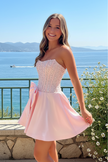 Pearl Beaded Corset Mini Dress with Oversized Bow