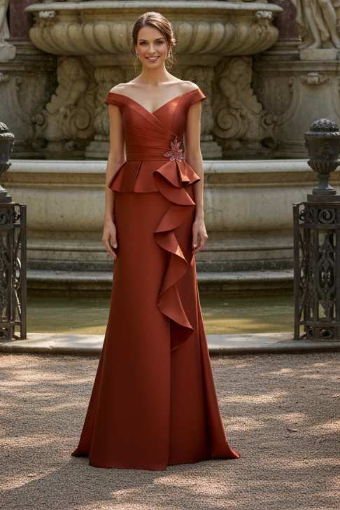 Off-the-Shoulder Peplum Gown with Cascade Ruffle