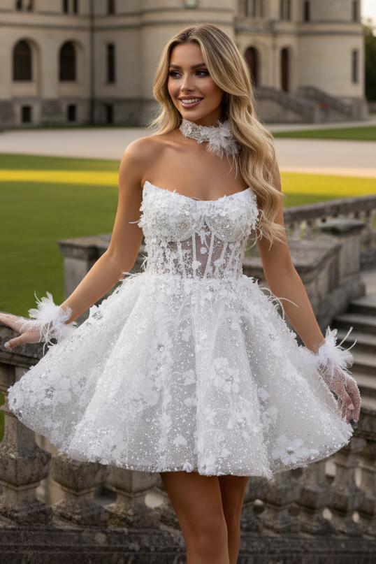 Strapless 3D Floral Feather Corset Mini Dress