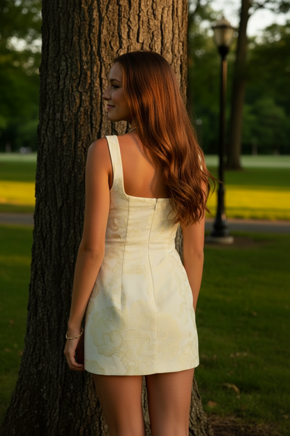 Floral Jacquard Square Neck Mini Dress