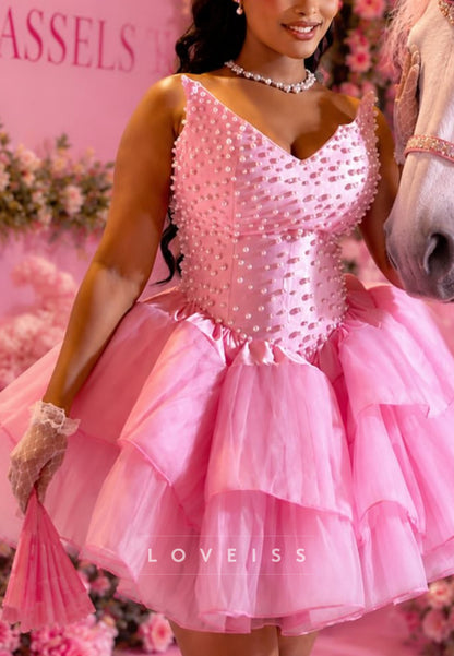 Pearl Corset Tiered Ruffle Mini Dress
