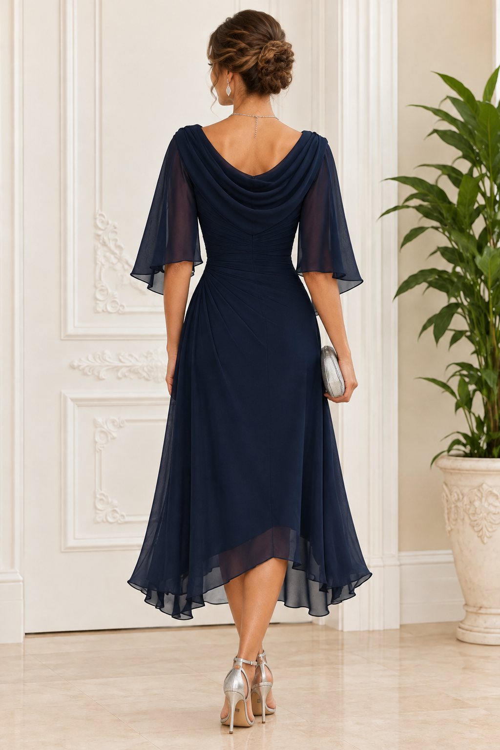 Cowl Neck Ruched Dress with Flutter Sleeves