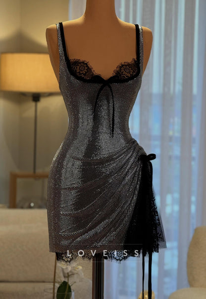 Rhinestone Lace-Trim Mini Dress with Side Tie
