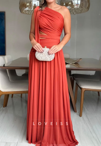 One-Shoulder Pleated Maxi Dress with Waist Cut-Outs