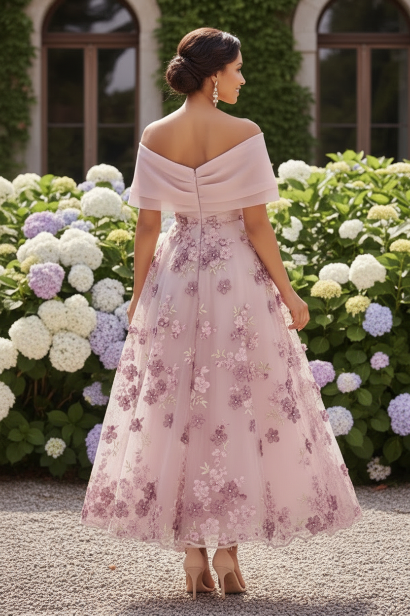 Off-Shoulder Floral Applique Tulle A-Line Dress
