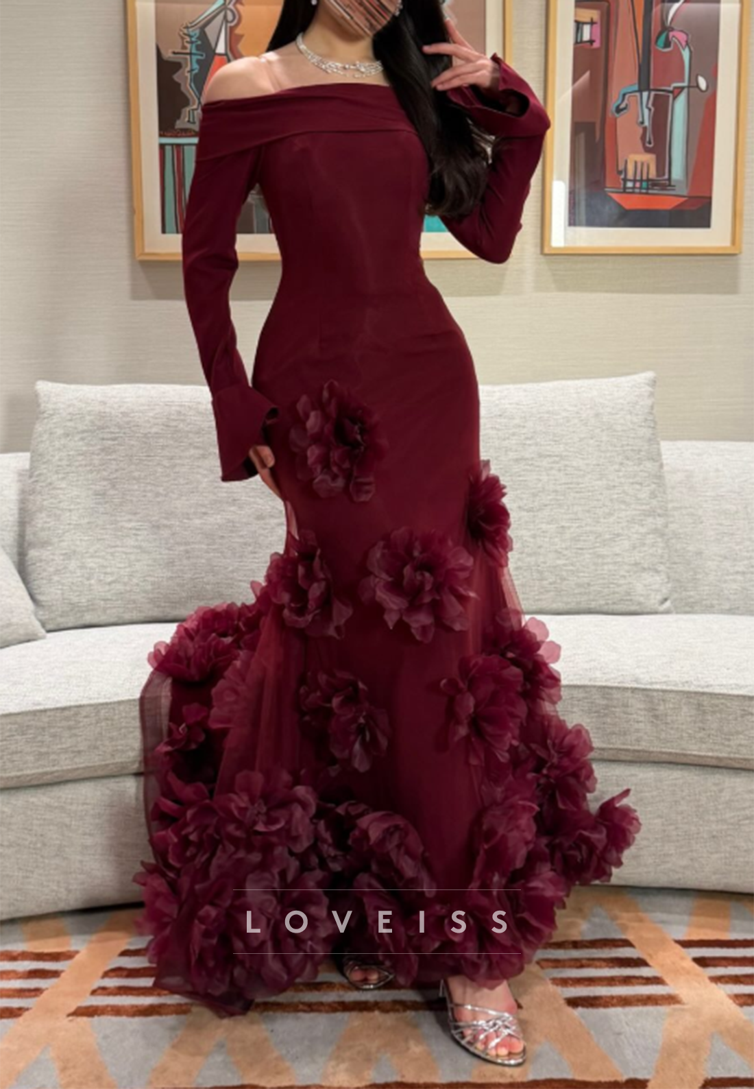 Off-Shoulder Mermaid Gown with 3D Flowers