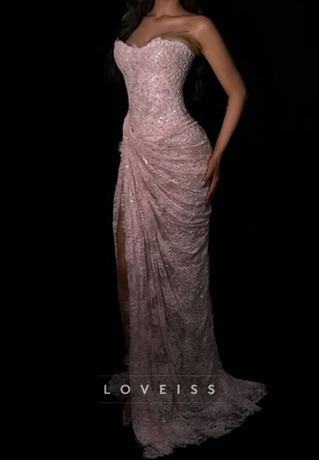 Strapless Lace Draped Evening Gown with Slit