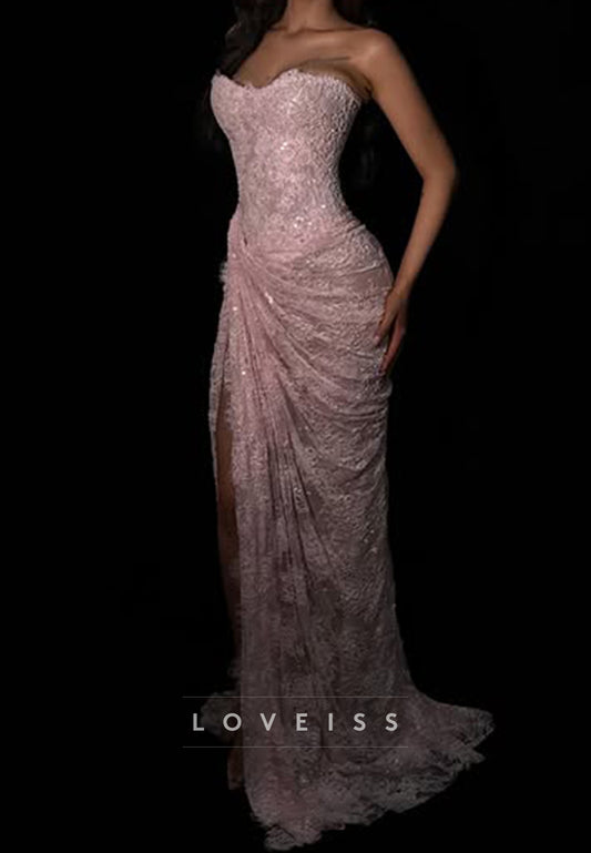 Strapless Lace Draped Evening Gown with Slit