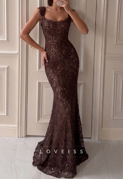 Scalloped Square Neck Lace Mermaid Gown