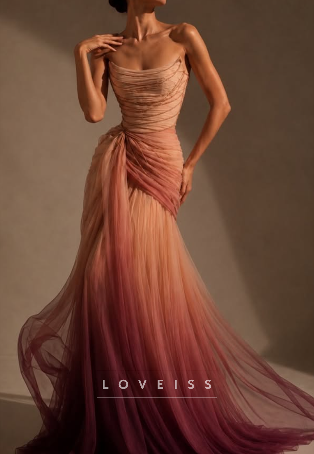 Ombre Tulle Mermaid Gown with High Slit